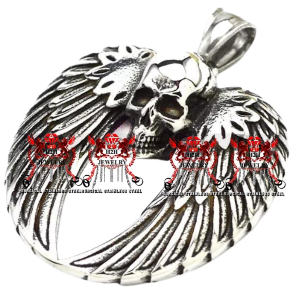 H2H JEWELRY SURGICAL STAINLESS STEEL 316L SKULL WINGS PENDANT NECKLACE-